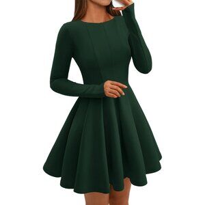 Women Dark Green High Waist Pleated Flowy A Line Long Sleeve Casual Fall Dress